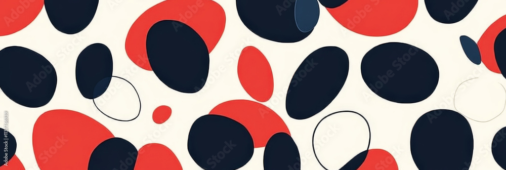 Fototapeta premium Aesthetic minimalist patterned background with rounded shapes, blue, red, white colors. Generative AI