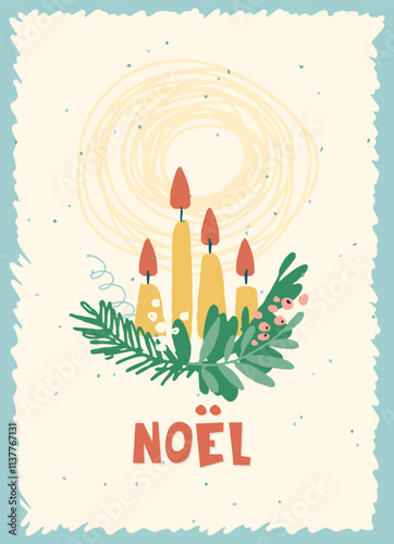 Vintage card with Noel hand lettering in French with Traditional Christmas symbols and decorations for festive projects, invitations, wall posters, social media and for home, crafts and goods
