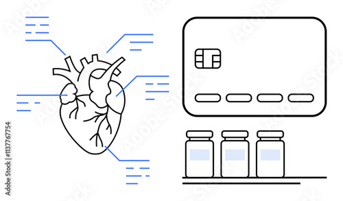 Human heart with annotations pointing to different areas, large credit card with a chip, and three medical vials on a shelf. Ideal for healthcare, finance, technology, education, medicine, anatomy