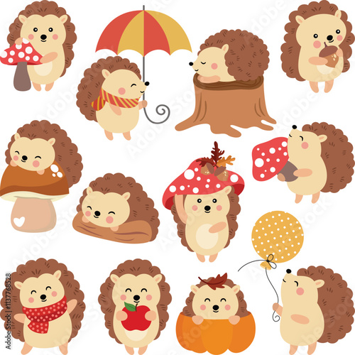 Set of cute autumn hedgehog.