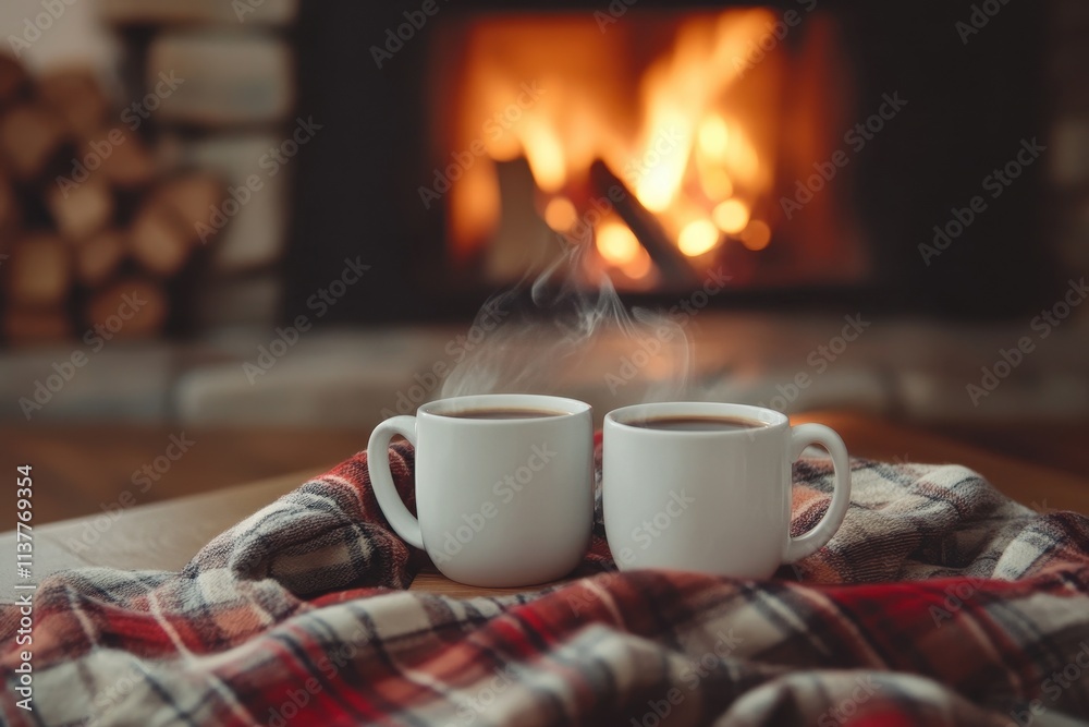Two steaming mugs of coffee on a plaid blanket in front of a fireplace Two steaming mugs of coffee on a plaid blanket in front of a fireplace