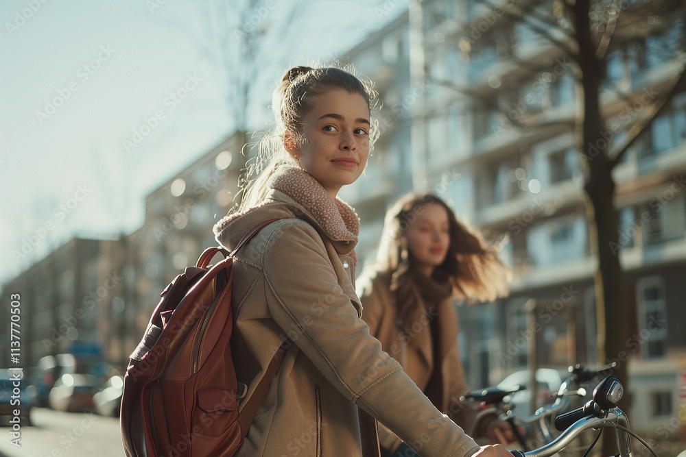 Fototapeta premium Young woman with backpack cycling outdoors in urban environment on a sunny day