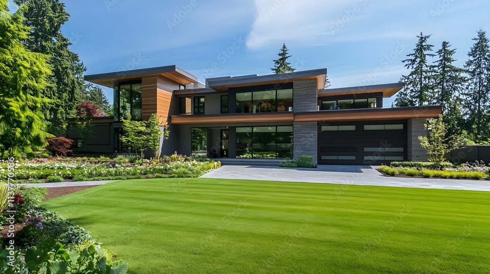 A modern family home with a sprawling lawn, clean geometric architecture, and a private driveway. A modern family home with a sprawling lawn, clean geometric architecture, and a private driveway.