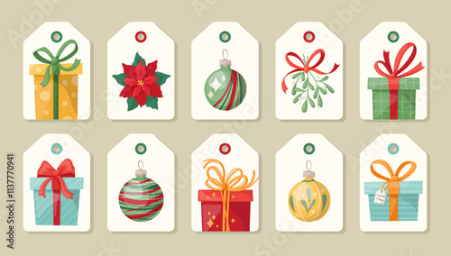 Collection of New Year and Christmas tags. Hand drawn cartoone  style vector illustration.