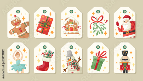 Collection of New Year and Christmas tags. Hand drawn cartoone  style vector tamplate.
