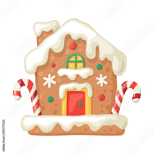 Cute gingerbread house in cartoone style. Christmas baking. Flat vector illustration isolated on white background.
