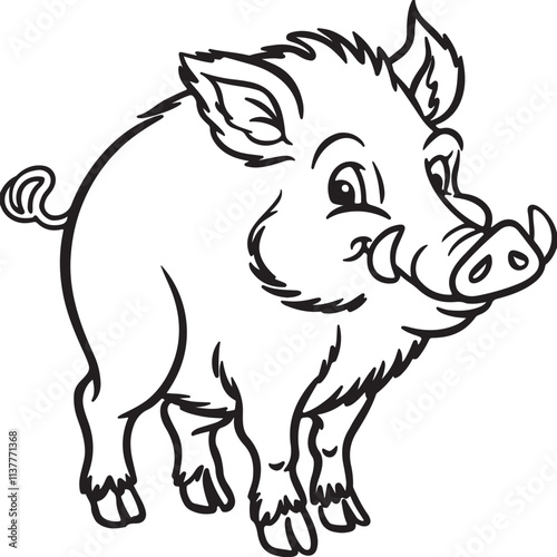 A simple line drawing of a shy little wild boar with sharp ears and a happy grin.vector on a white background