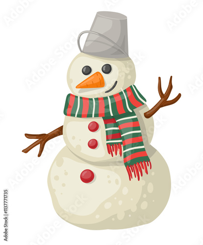 Cute snowman illustration in cartoone style. Flat vector illustration isolated on white background.