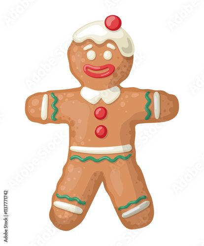 Cute gingerbread man illustration in cartoone style. Christmas baking. Flat vector illustration isolated on white background.