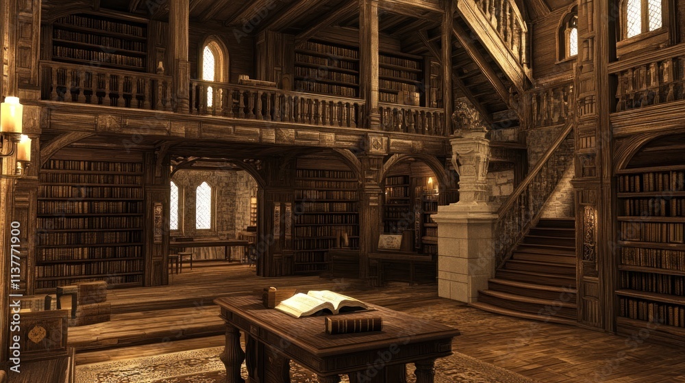 custom made wallpaper toronto digitalGrand library with books and wood structure.