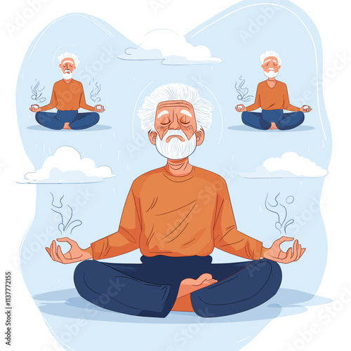 Old man meditating cross-legged, mudra hands, serene scene.
