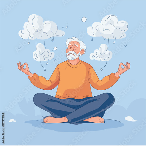 Old man meditating cross-legged, mudra hands, serene scene.