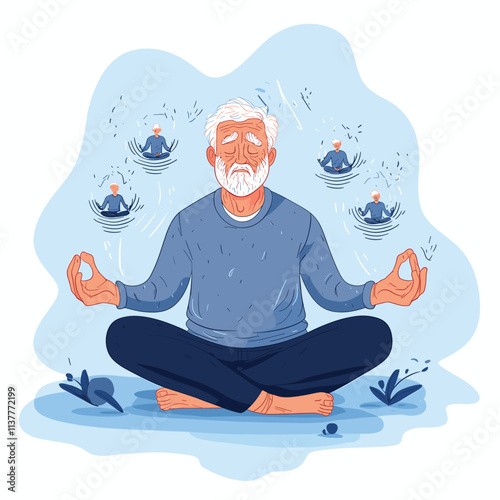 Old man meditating cross-legged, mudra hands, serene scene.