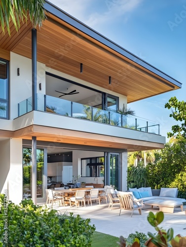 Wallpaper Mural A modern coastal home with wrap-around balconies, light blue accents, and an outdoor dining area. Torontodigital.ca