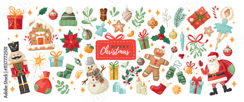 Big collection of Christmas, New Year and winter items. Festive symbols and design elements on  dark blue background. Hand-drawn style sticker pack. Vector elements for banner, card, postcard.