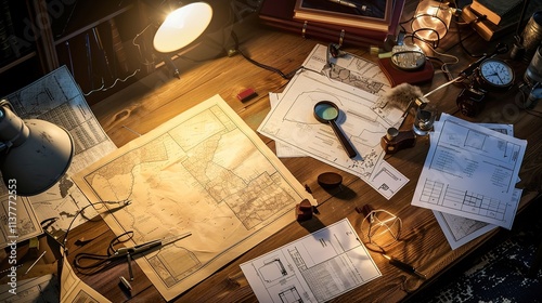 Forensic Precision - Overhead View of Crime Scene with Evidence Markers and Magnifying Glass, Under Stark Forensic Lighting photo