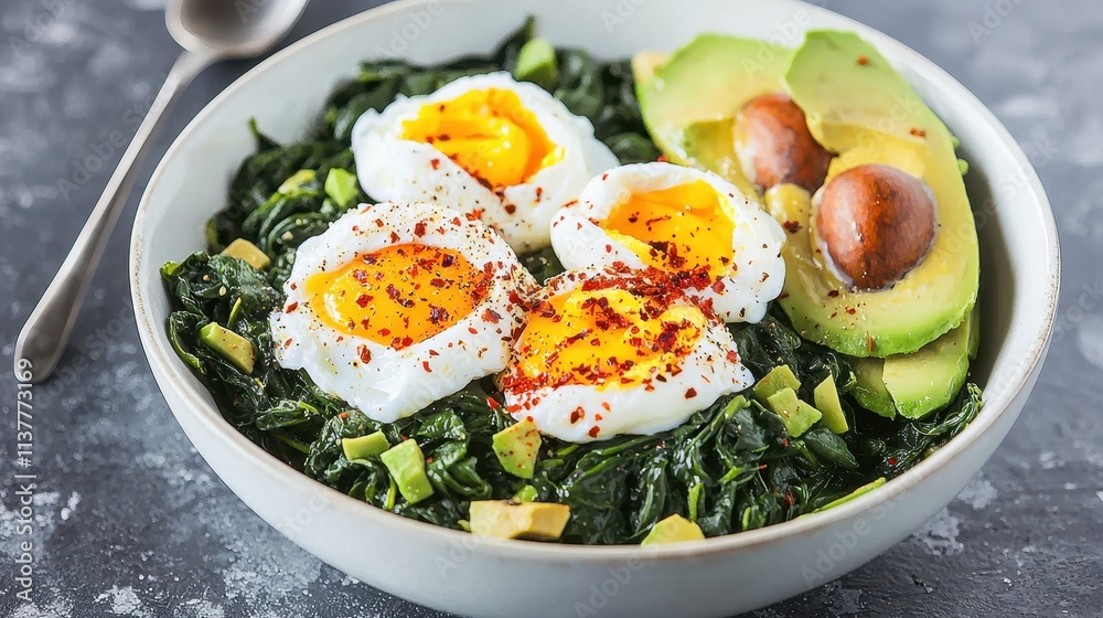 A high-protein breakfast bowl with poached eggs, sautéed spinach, and avocado slices, garnished with chili flakes. The scene captures the essence of a nutrient-rich, balanced diet. A high-protein breakfast bowl with poached eggs, sautéed spinach, and avocado slices, garnished with chili flakes. The scene captures the essence of a nutrient-rich, balanced diet.