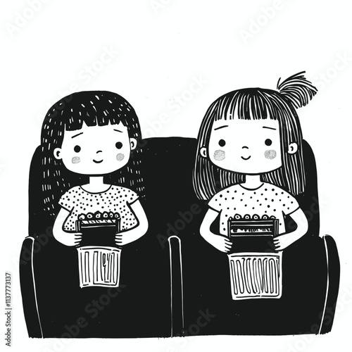 Two people holding popcorn, sitting in theater seats.