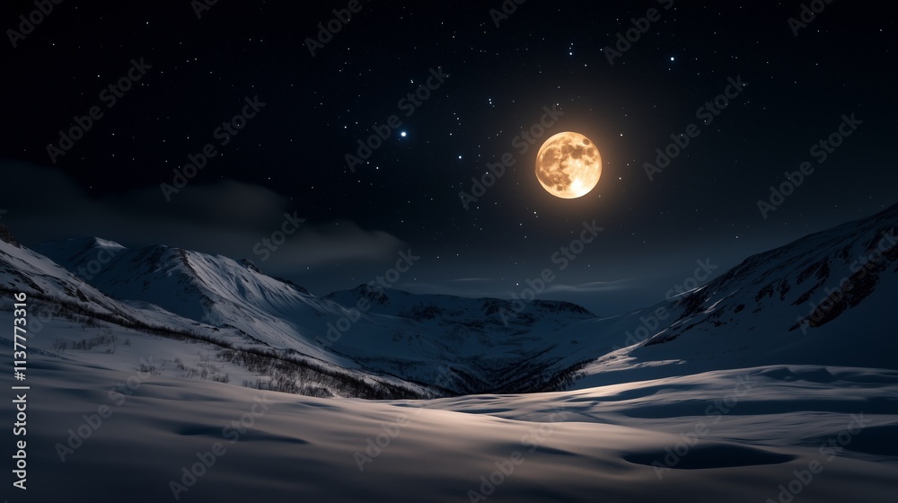 Naklejka premium Full moon illuminates snowy mountain landscape under a starry night sky