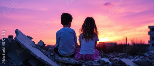 Children sitting on crumbled ruins against a fading sunset symbolizing innocence enduring through destruction and the power of familial love photo
