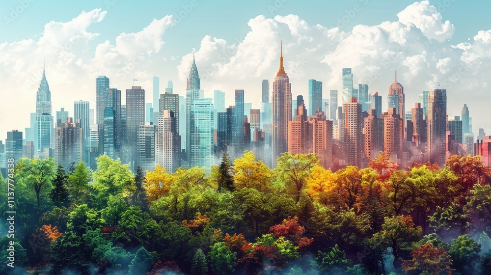 Obraz premium Vibrant autumn foliage contrasts with a modern city skyline.