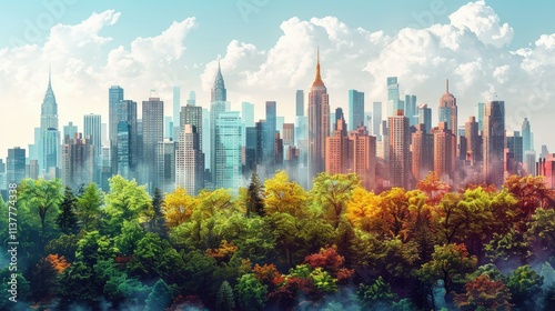 Vibrant autumn foliage contrasts with a modern city skyline.