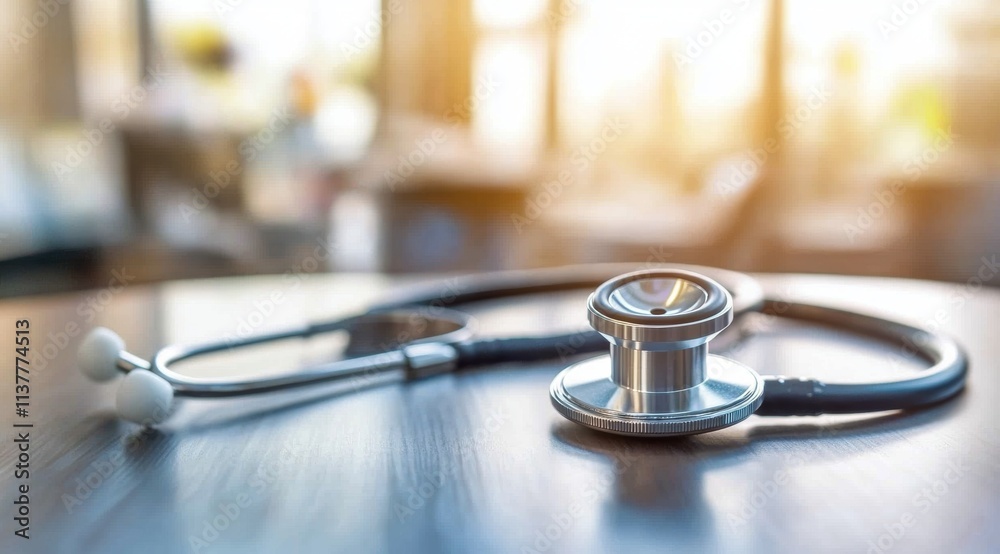 Stethoscope on a table, close-up of a stethoscope with a blurred medical office background. Stethoscope on a table, close-up of a stethoscope with a blurred medical office background.