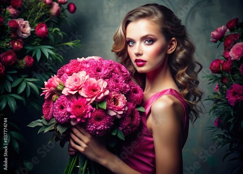 Pink Bouquet Fashion Photography:  Elegant Poses,  Floral Details, Spring Style,  Studio Shoot,  Pink Flower Fashion