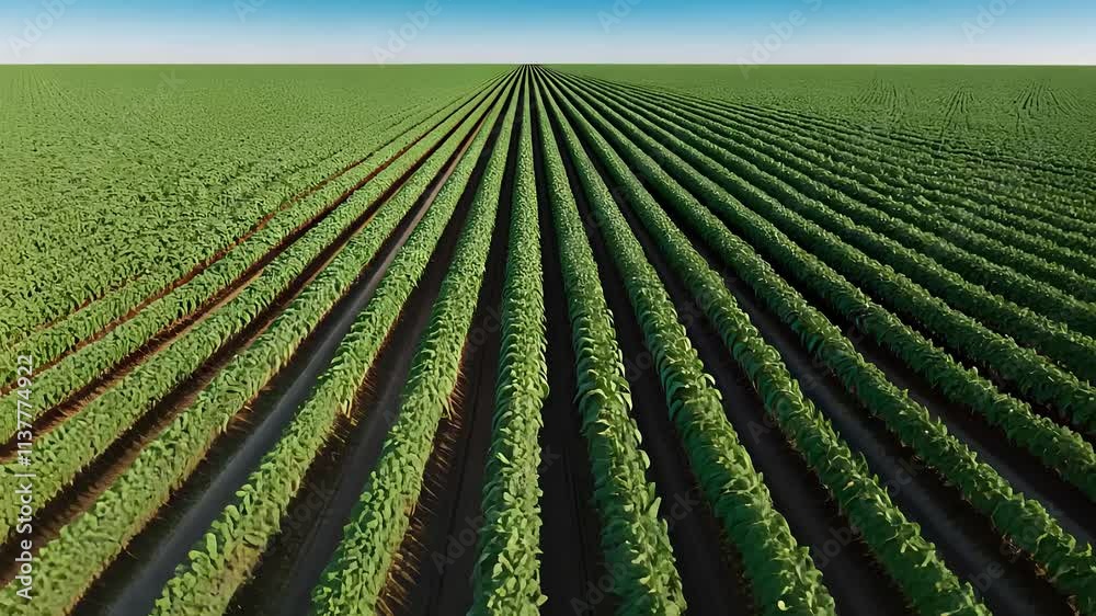 Vast Green Agricultural Field with Perfectly Aligned Crop Rows Under a Clear Blue Sky
Vast Green Agricultural Field with Perfectly Aligned Crop Rows Under a Clear Blue Sky