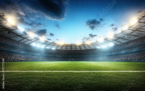 A detailed, high-resolution photograph of a soccer stadium packed with fans, captured in the evening. 