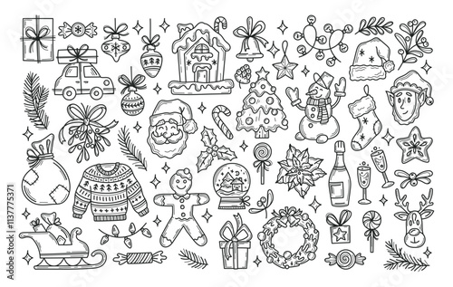 Big Christmas collection of festive symbols and design elements. Doodle vector illustration for sticker pack, banner, card, postcard.. Line art. Editable stroke.