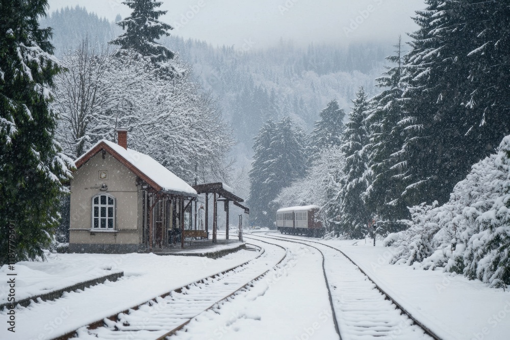 Scenic winter scene of a snow-covered rural railway station surrounded by pine trees snowy landscape tranquil atmosphere captivating viewpoint embracing railways essence Scenic winter scene of a snow-covered rural railway station surrounded by pine trees snowy landscape tranquil atmosphere captivating viewpoint embracing railways essence