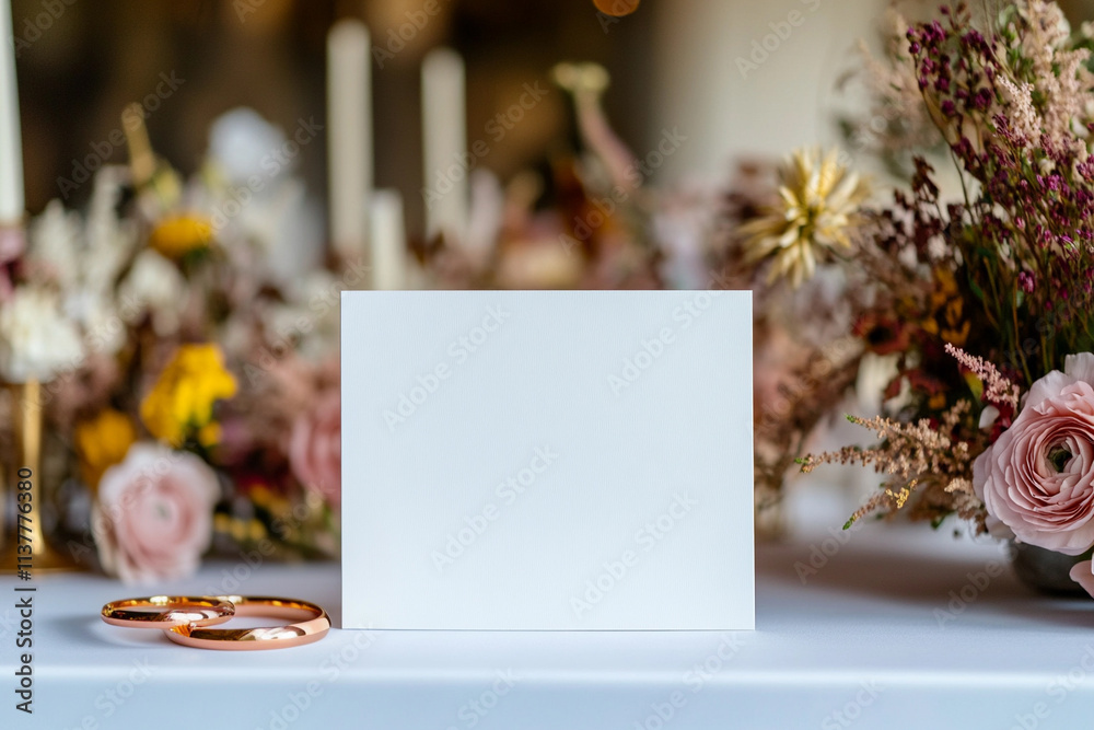 Wedding Invitation Mockup. Invitation Standing on Table. Seat Number. Table Card