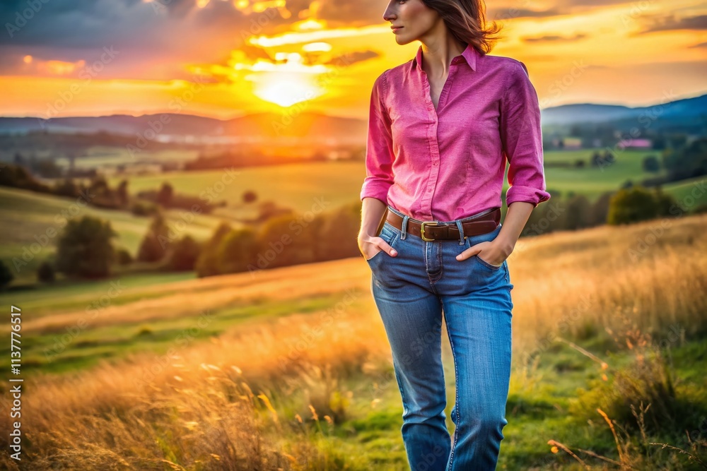 Pink Shirt Blue Jeans Landscape Photography: Stunning Sunset Backdrop, Rural Scene, Fashion Photography Pink Shirt Blue Jeans Landscape Photography: Stunning Sunset Backdrop, Rural Scene, Fashion Photography