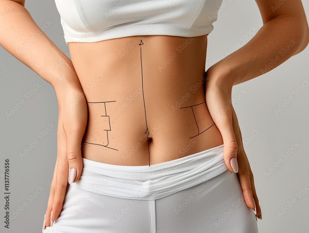 Fototapeta premium Medical theme of a beautiful woman showcasing a slim waist and perfect body. Ideal for beauty and fitness themes related to body correction and health.