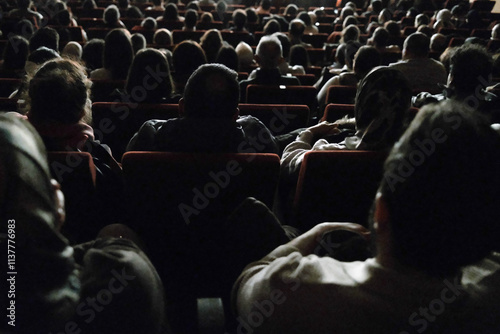 dark, people, presentation, performance, silhouette, rear, ballet, hall, art, room, corridor, entertainment building, copy space, aisle, empty, view, theatre, concert, film, horizontal, indoors, inter