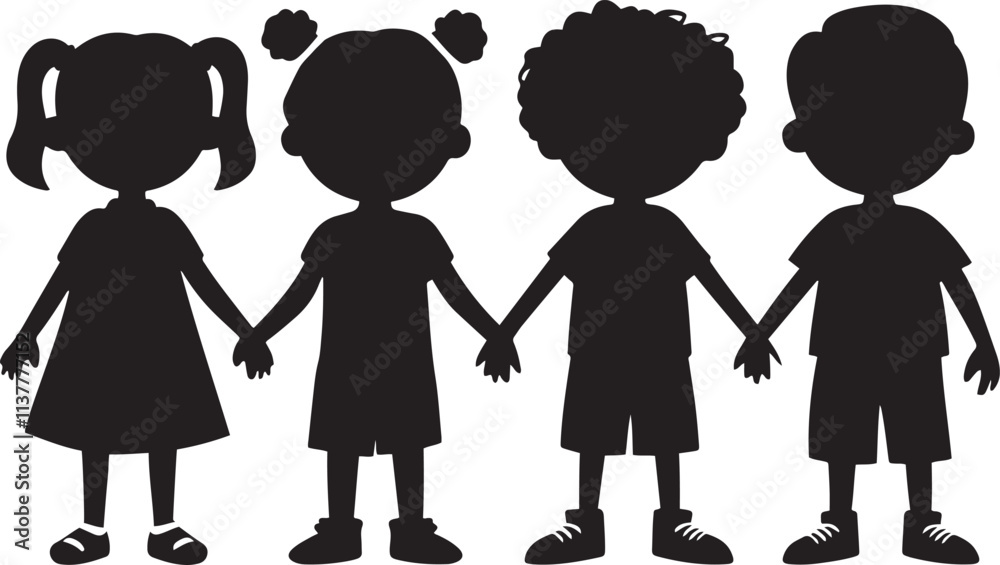 Group of happy cute Children boys and girls Silhouette design on white background Group of happy cute Children boys and girls Silhouette design on white background