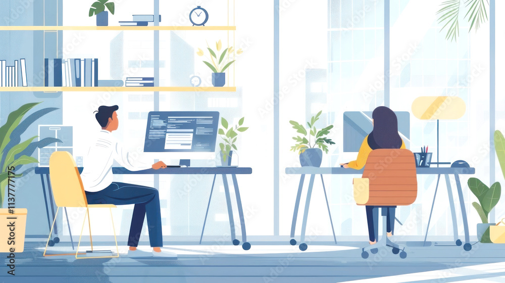 Bright, modern workspace with two people working on computers, surrounded by plants and books Bright, modern workspace with two people working on computers, surrounded by plants and books