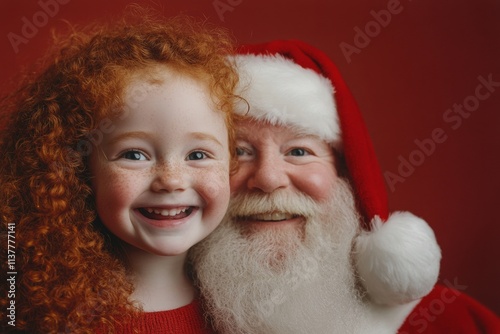 Isolated white toddler girl in festive knee on red background. Joyful yule, attractive toddler girl! copy space. Santa lap portrait. Santa christmas cute design. Santa lap background. photo