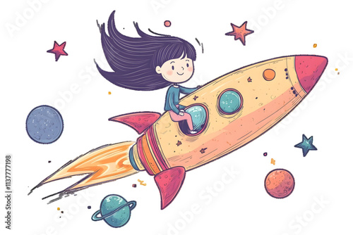 Cartoon illustration of A girl is riding a rocket in space placed on a white or transparent background


