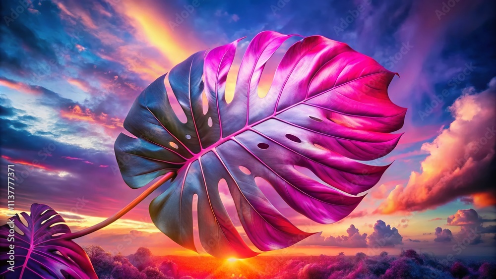 Fototapeta premium Pink Variegated Monstera Double Exposure, Surreal Plant Photography, Botanical Art, Fantasy Leaf