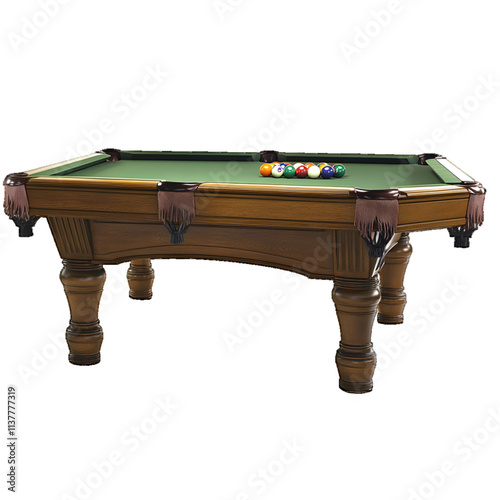 A wooden billiards table with green felt holds six pool balls, setting a classic scene in a recreation room, white or transparent background


