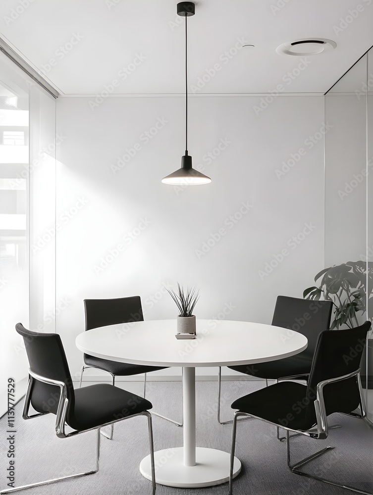 A minimalist dining space with a round white table, black chairs, and a single hanging pendant light. - A minimalist dining space with a round white table, black chairs, and a single hanging pendant light. -