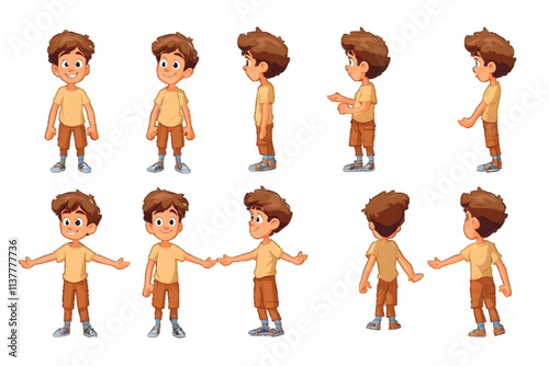 Cartoon character of a young boy in different poses and angles for animation isolated on white or transparent background


