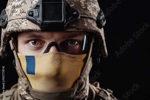 Armed soldier wearing camouflage facing forward with the Ukrainian flag behind symbolizing resilience, loyalty, and the spirit of protection