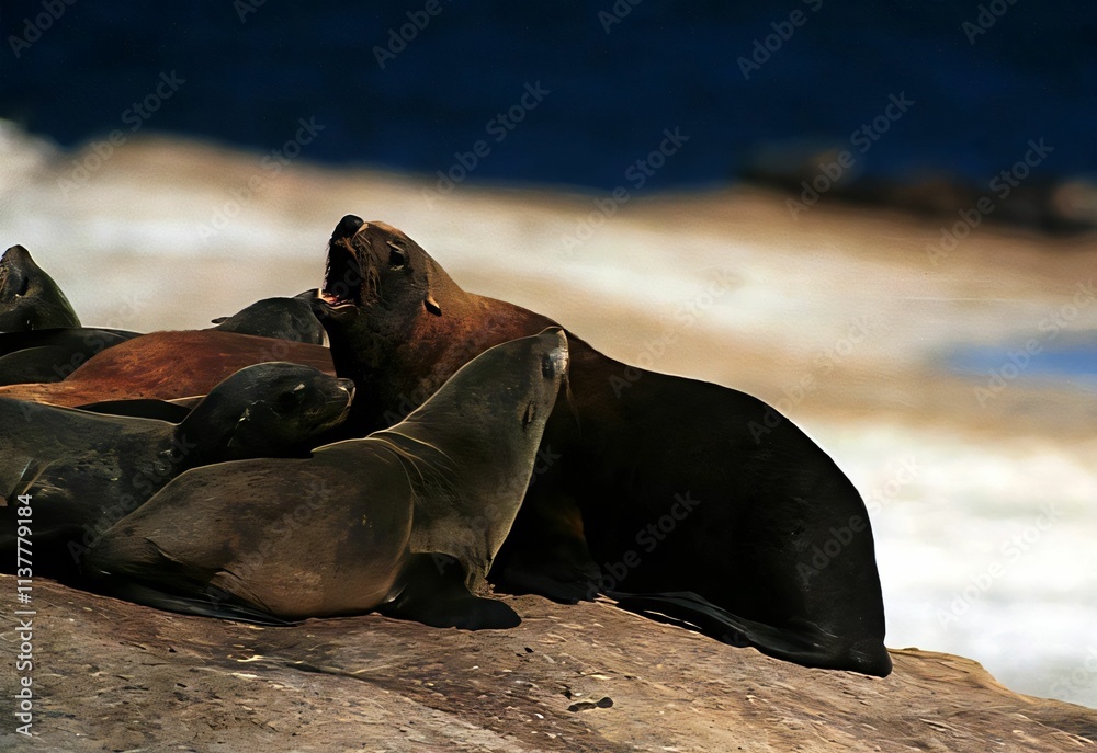 Fototapeta premium Sea lions basking on a sunlit rock by the ocean.