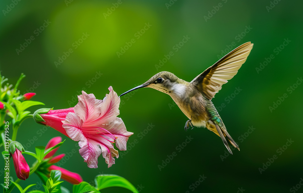 Fototapeta premium A vibrant hummingbird colibri near a flower in a tropical rainforest, capturing the beauty of nature and wildlife in action.