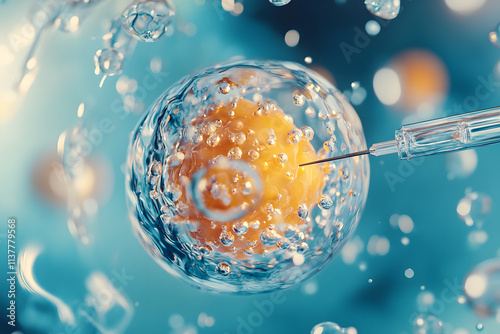 Close up of artificial insemination or in vitro fertilization process. Medical needle injecting into human egg cell. 3D rendered scientific concept of embryology, fertility, reproductive technology, a