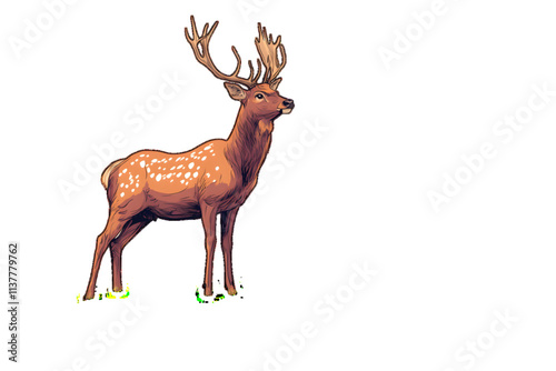 Cartoon illustration of a Majestic deer standing on a hill surrounded by a dense forest isolated on white or transparent background


