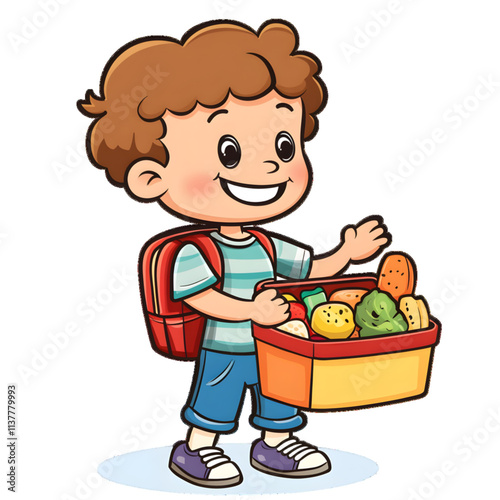 Cartoon illustration of a Smiling child proudly showing a lunchbox packed with nutritious snacks and food, promoting healthy eating habits for kids isolated on white or transparent background

